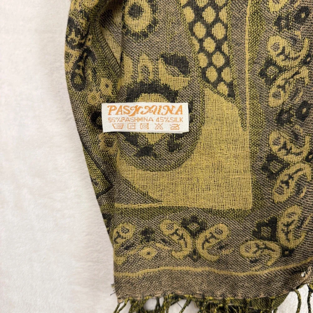 Luxury Pashmina Silk Blend Scarf Shawl‎ Wrap Gold Black Paisley Floral Tassel